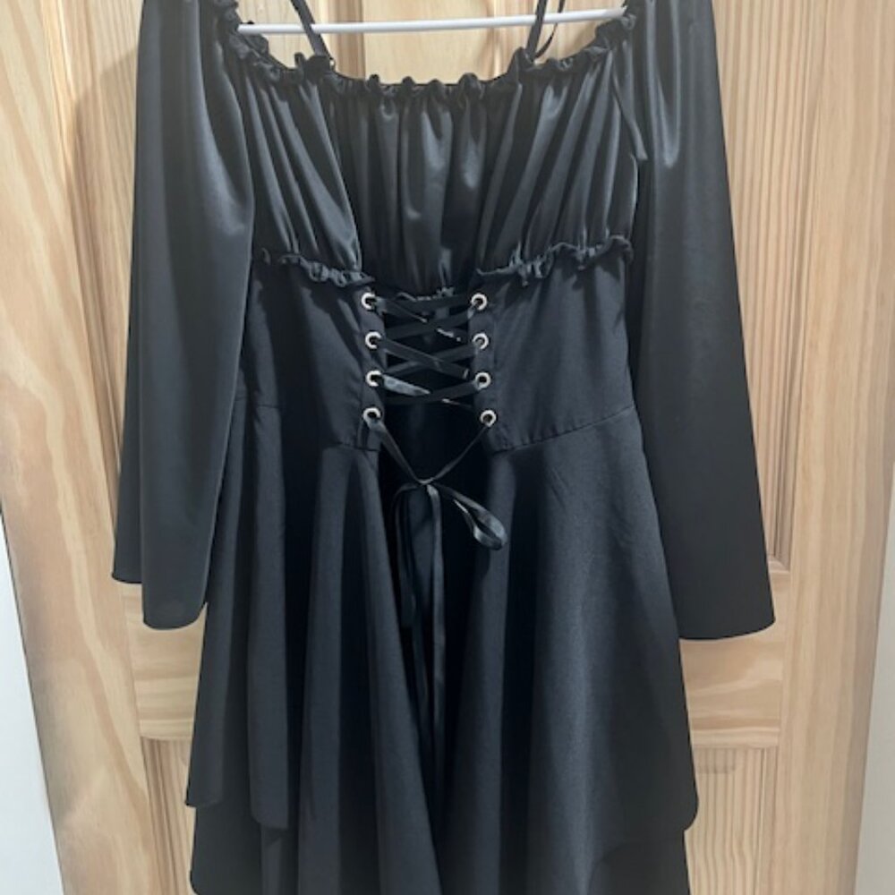 ROMWE black lace-up corset cami dress satin-like silky material, ruffled trim